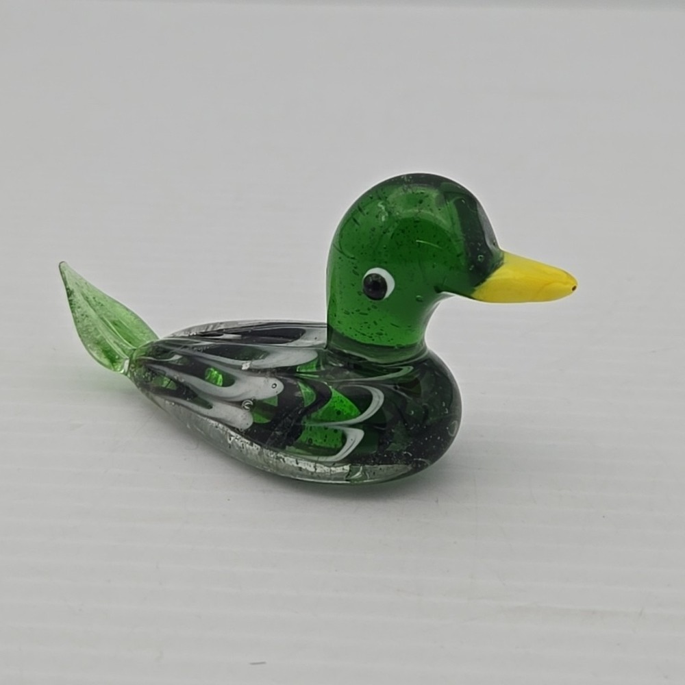 VTG Murano Hand-Blown Green Yellow & White Glass Duck Figurine Made In Italy